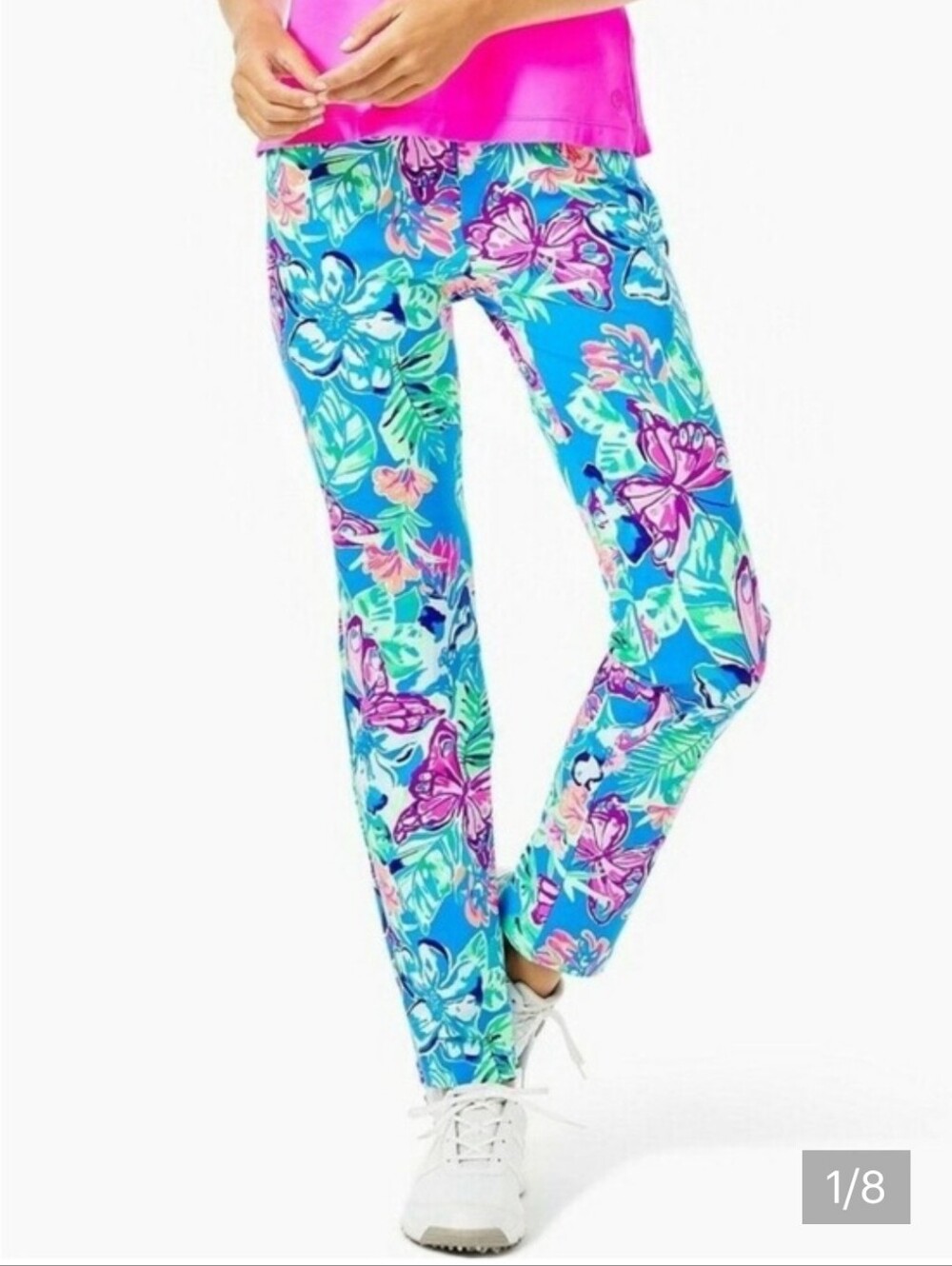 Lilly Pulitzer Luxletic Butterfly Floral Tropical Corso Pants Size 12 Pink Blue